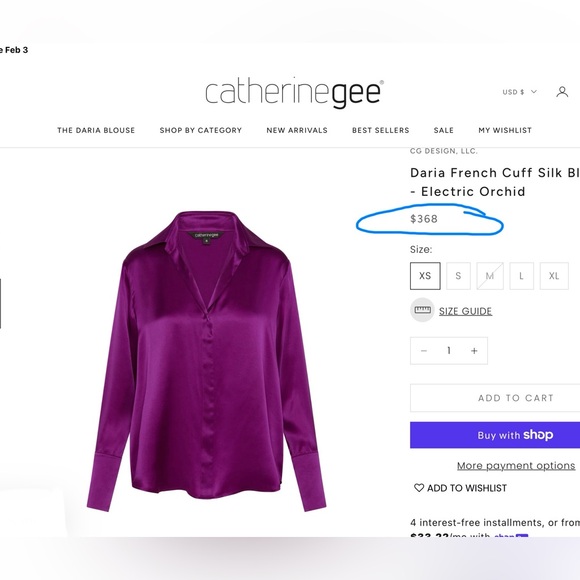 Catherine Gee NWT Daria French Cuff Silk  Blouse 100% Silk Charmeuse Orchid XL - Picture 2 of 11